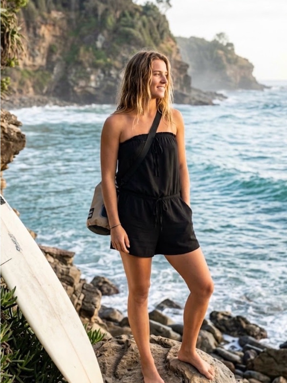 Old Navy Black Strapless Smocked One Piece Tube Romper w Shorts Pockets Ties L